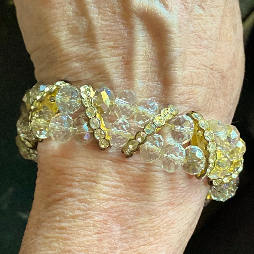 Antique stretch beaded bracelet,faceted glass ABS crystal beads,gold/rhinestone